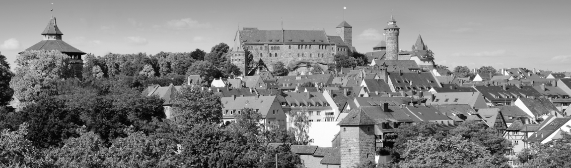 Blick auf die Altstadt mit traditionellen Dächern und der historischen Burg im Hintergrund. Die Burg erhebt sich über die Stadt und ist von Bäumen umgeben, was eine malerische und beeindruckende Kulisse schafft. Die Szene ist in Schwarz-Weiß gehalten.